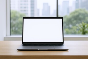 Fototapeta premium Modern laptop computer on desk with city skyline view through large window in office setting.