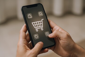 Close-up of hand holding smartphone with online shopping cart app on screen in modern home.