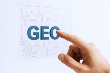 Hand touching holographic globe with "GEO" text and digital circuit background.