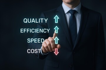 Businessman interacting with digital interface highlighting quality efficiency speed and cost.