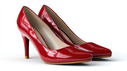 Elegant glossy red stiletto high heel shoes with a pointed toe and subtle wooden sole detail presented on a clean white background