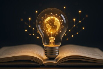 Illuminated light bulb with Earth image emerging from open book symbolizing global ideas and innovation.
