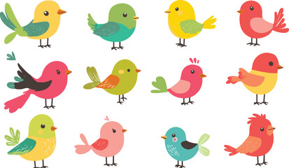 Obraz premium Cartoon Bird Seamless Pattern with Colorful Birds on White Background