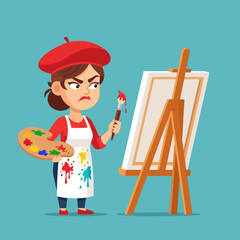 Fototapeta premium Angry Woman Painting on Canvas with Red Beret and Colorful Palette