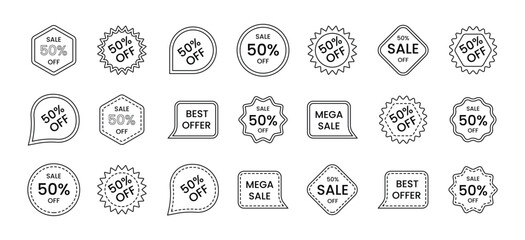 Sale and discount tags vector illustration. Collection of hand drawn discount and sale tags with 50 percent off offers. Black Friday sales offer tags. Editable Strokes.