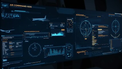 High-tech air command interface displaying aircraft data, analytics, and navigation details - Powered by Adobe