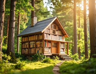 Cozy book-filled cabin in a sunlit forest