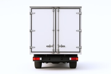 Rear view of large white delivery truck with closed double doors and black bumper.