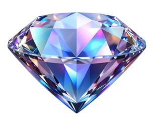 3D glossy diamond with pastel blue, pink, and purple gradient reflections, isolated on transparent background PNG