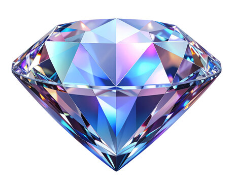  3D glossy diamond with pastel blue, pink, and purple gradient reflections, isolated on transparent background PNG