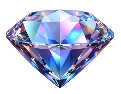  3D glossy diamond with pastel blue, pink, and purple gradient reflections, isolated on transparent background PNG