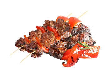 grilled meat shish kebab with red pepper on transparent background.