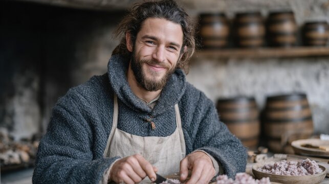 Caucasian male artisan preparing traditional food with wooden barrels in rustic setting