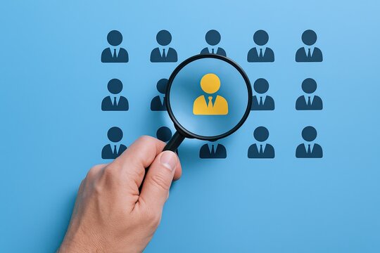 Hand Holding Magnifying Glass Focusing on Important Person Icon Among Business Profile Images.