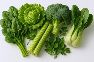 Fresh green vegetables including lettuce broccoli celery and spinach on white background.