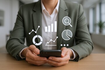 Businesswoman Using Smartphone with Digital Data Charts and Analytics Overlay.