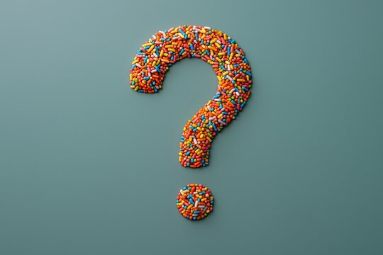 Colorful sprinkled question mark on plain background symbolizing curiosity and inquiry. - Powered by Adobe