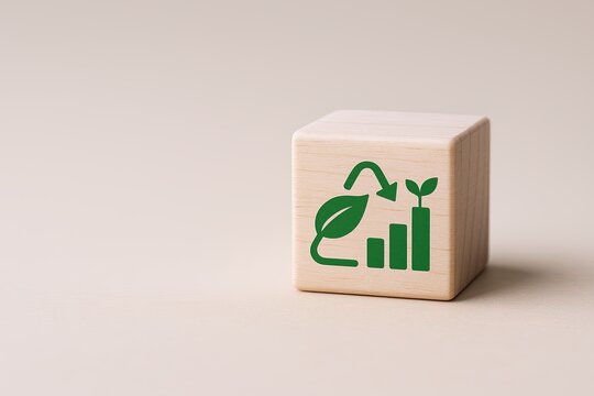 Eco-Friendly Growth Concept Icon Representation with Plant and Bar Chart on Wooden Block.