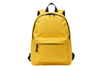A bright yellow canvas backpack with black accents is shown isolated on a transparent background