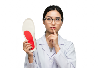 A thoughtful asian doctor wearing glasses and a lab coat holds an insole, contemplating foot health isolated on transparent background