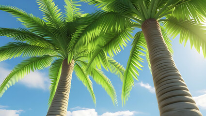 Fototapeta premium Tropical scene with palm trees and scattered clouds