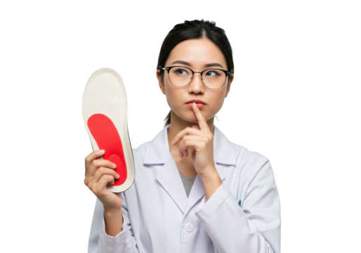 A thoughtful asian doctor wearing glasses and a lab coat holds an insole, contemplating foot health isolated on transparent background