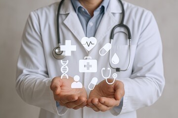 Medical professional doctor holding health icons with stethoscope and DNA symbols.