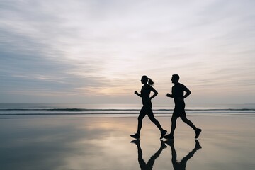 Silhouetted couple running on beach at sunset with reflective water and cloudy sky.
