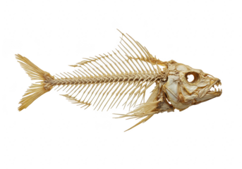 The complete skeleton of a fish lies on a transparent background