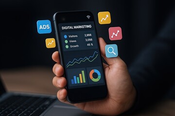 Businessman holding smartphone displaying digital marketing analytics and data visualization.