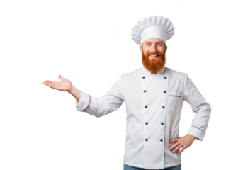A smiling male chef with a red beard, wearing a chefs uniform and hat, presents with an open hand isolated on transparent background
