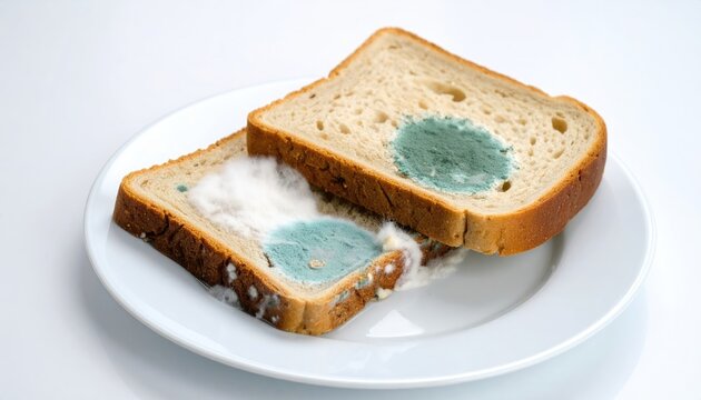 Moldy bread slices on a plate
