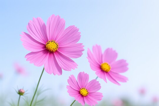 Beautiful pink cosmos flowers with yellow centers blooming in clear sky background. - Powered by Adobe