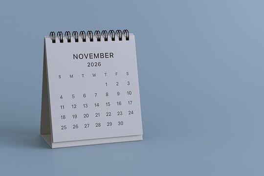 Small desktop desk calendar displaying November 2026 with spiral binding on light blue background.