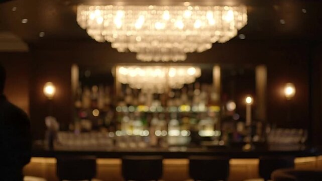 Bar scene blurry man stands before a bar with bottles beneath a bright chandelier Lamp visible