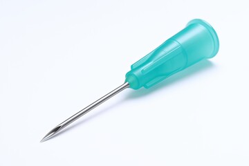 Close-up of a green-handled precision screwdriver with a metal tip on white background.