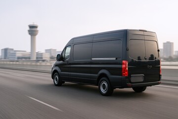Fototapeta premium Black cargo van driving on city highway during day with urban skyline in background.