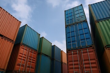Large colorful shipping containers stacked in port against blue sky with clouds.