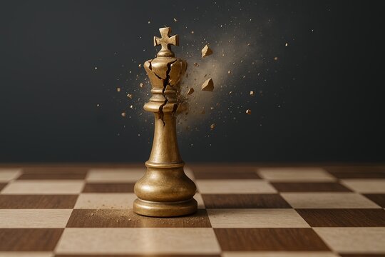 Dramatic scene with a falling chess king blocking checkmate on wooden chessboard.