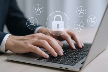 Modern cybersecurity concept with a padlock symbol and interconnected network icons on screen.