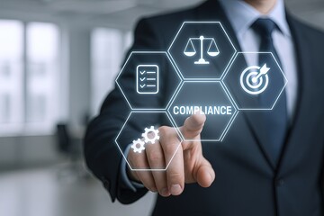 Businessman in suit interacting with digital compliance icons on futuristic transparent screen.