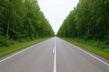 Obraz premium Long empty highway surrounded by lush green trees extending into the distance under cloudy sky.