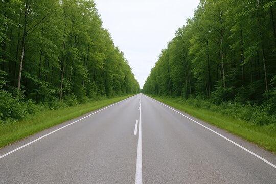 Long empty highway surrounded by lush green trees extending into the distance under cloudy sky.