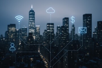 Obraz premium Modern city skyline at night with digital technology icons displaying connectivity and communication.
