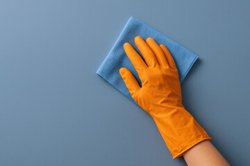 Hand wearing a protective orange glove wiping a flat blue surface with a blue cloth for cleaning and disinfecting.