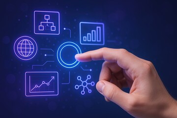 Modern digital business analytics visualization with glowing icons on dark background.