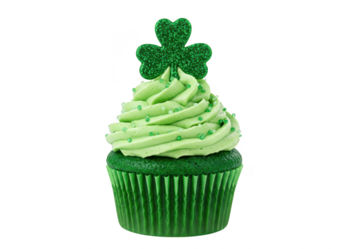 A festive green cupcake topped with swirls of icing and a sparkling shamrock for st patricks day, isolated on white isolated on transparent background