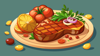 Ribeye steak with potatoes, onions and baked cherry tomatoes. Juicy steak with flavored butter