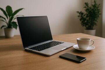 Fototapeta premium Modern workspace with open laptop smartphone and coffee cup on wooden desk.