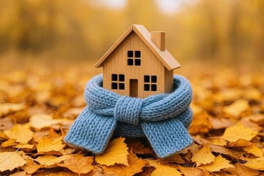 Cozy Wooden House Model with Blue Knitted Scarf on Autumn Leaves in Fall Scene. - Powered by Adobe